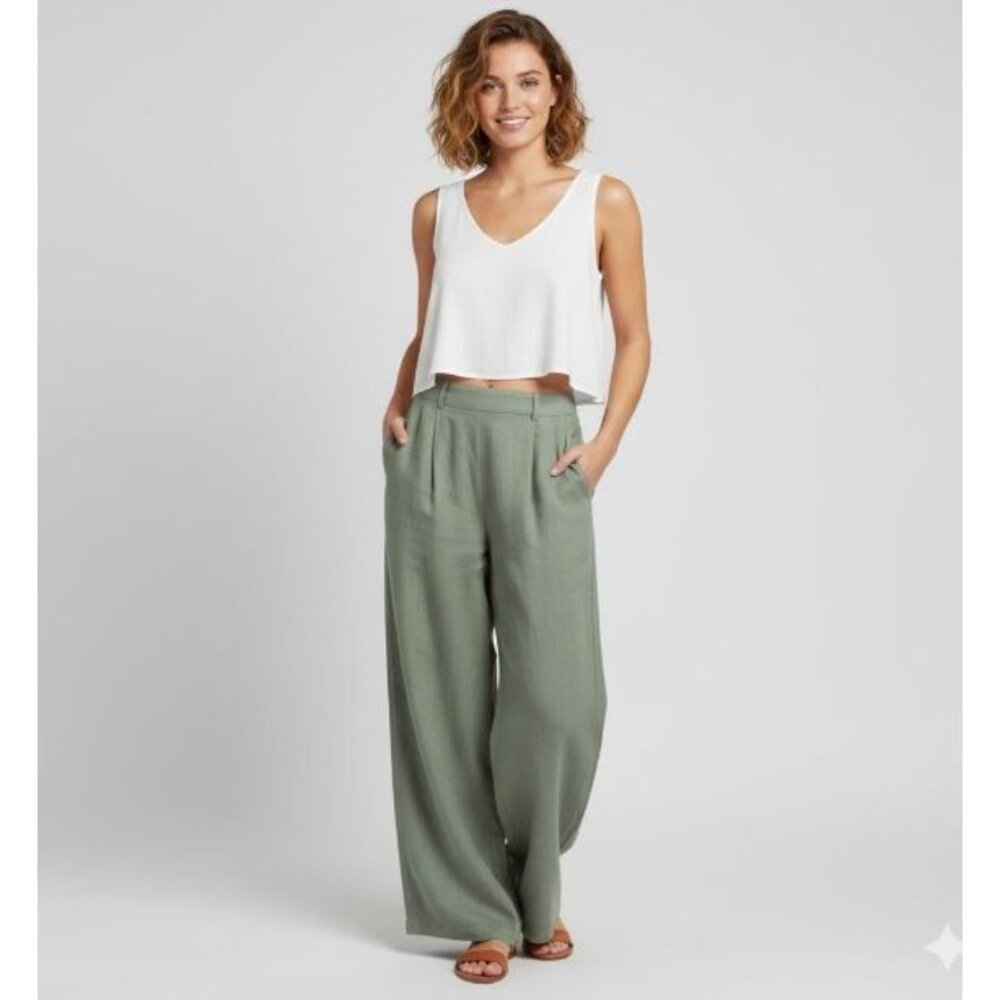 Vitamin A High Rise Womens Size XS Elastic Waist Wide-Leg Linen Pants Sage Green - Picture 1 of 9